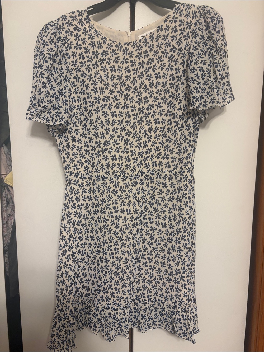 Reformation White Mini Dress with Navy Floral Print